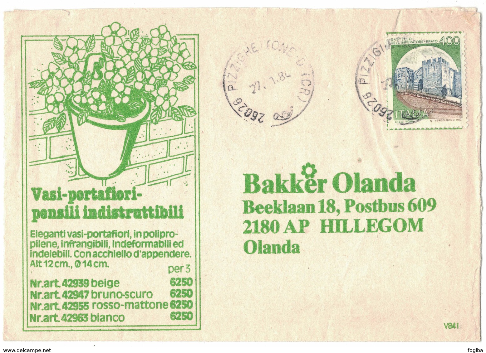 QS16   ITALIA 1984 - Busta Pubblicitaria Per L'Olanda Affrancata Castelli £.400 Isolato - 1981-90: Storia Postale