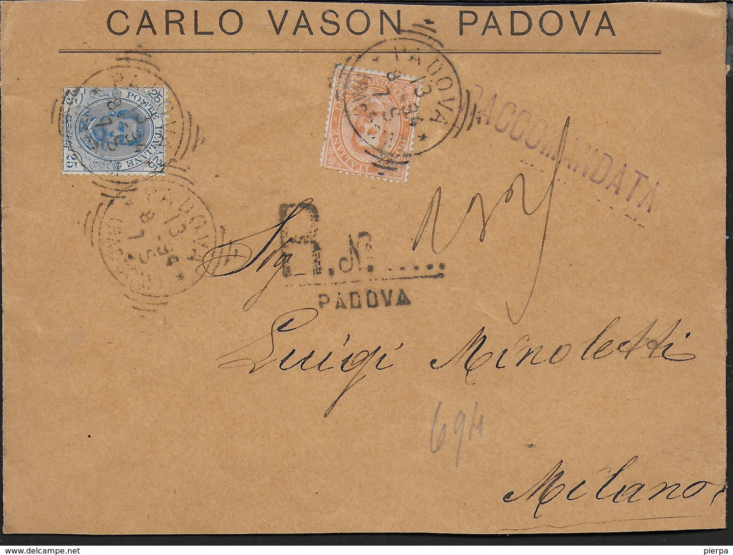 STORIA POSTALE REGNO - ANNULLO TONDO RIQUADRATO  PADOVA/(RACCOM.) (p.2) SU FRONTESPIZIO RACCOMANDATA  13.08.1894 - Storia Postale