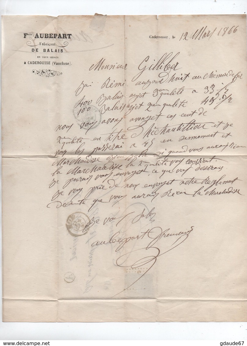 1866 - LETTRE De CADEROUSSE (BOITE RURALE A) Avec TàD D'ORANGE (VAUCLUSE) - 1849-1876: Période Classique