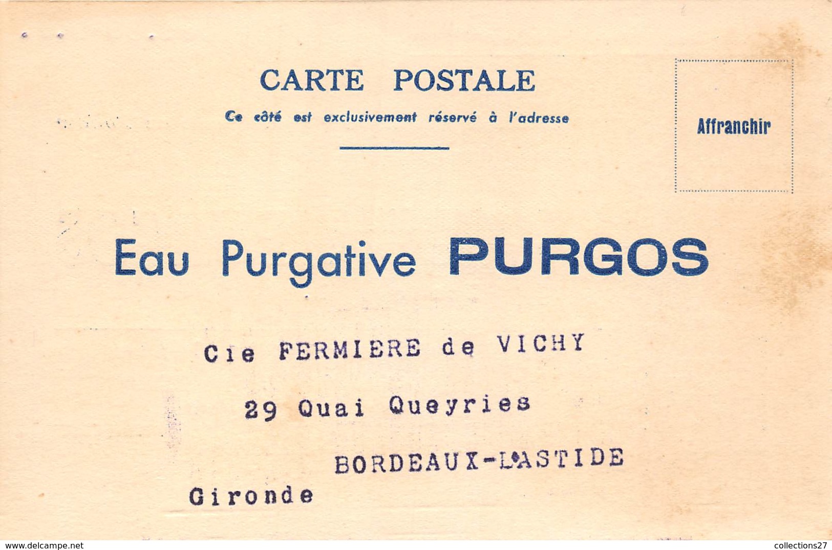 EAU PURGATIVE PURGOS- CIE FERMIERE DE VICHY A BORDEAUX - Salud