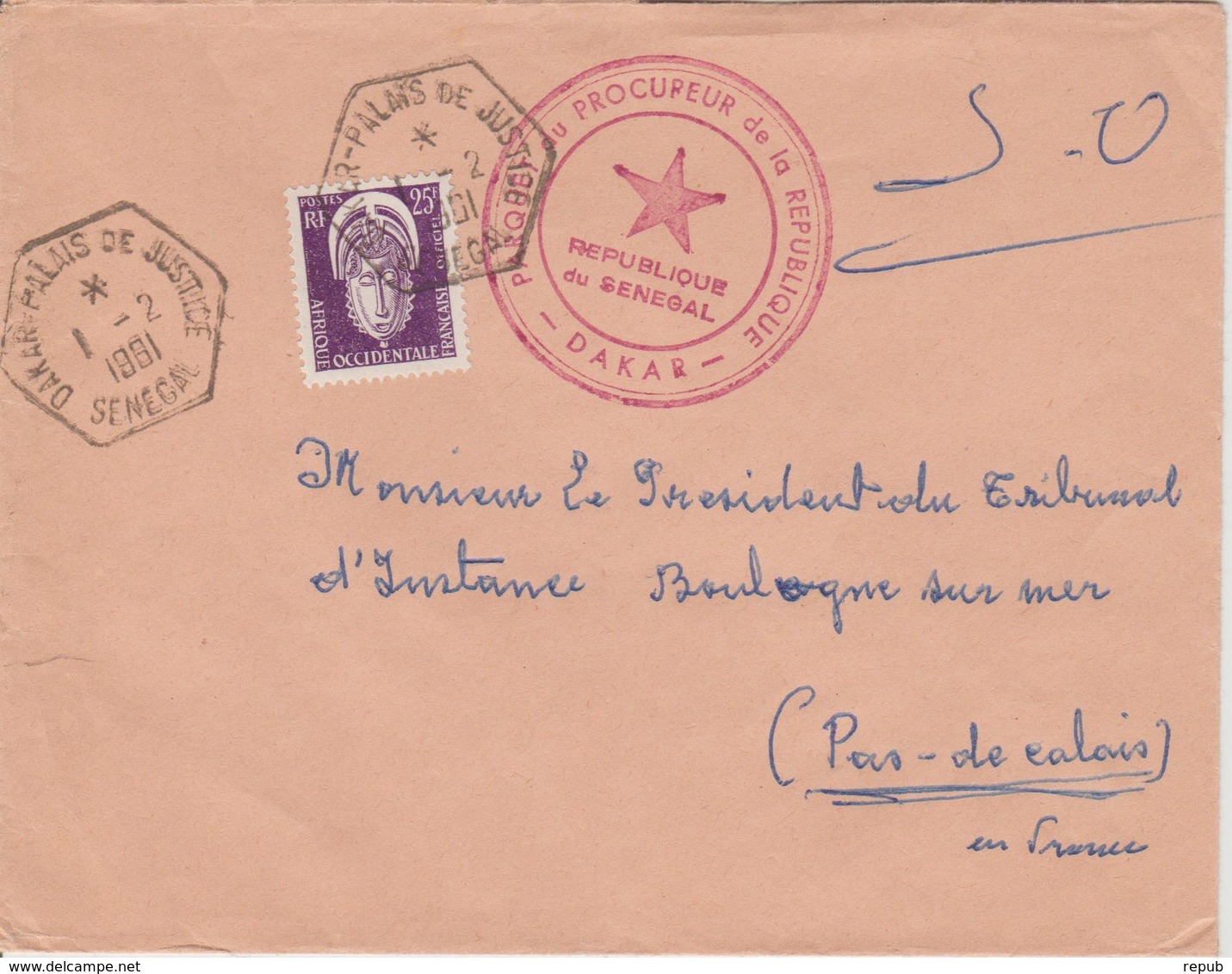 Sénégal Lettre De 1961 Pour La France Affranchie Avec Timbre De Service 6 D'AOF Et Oblitération Dakar Palais De Justice - Sénégal (1960-...)