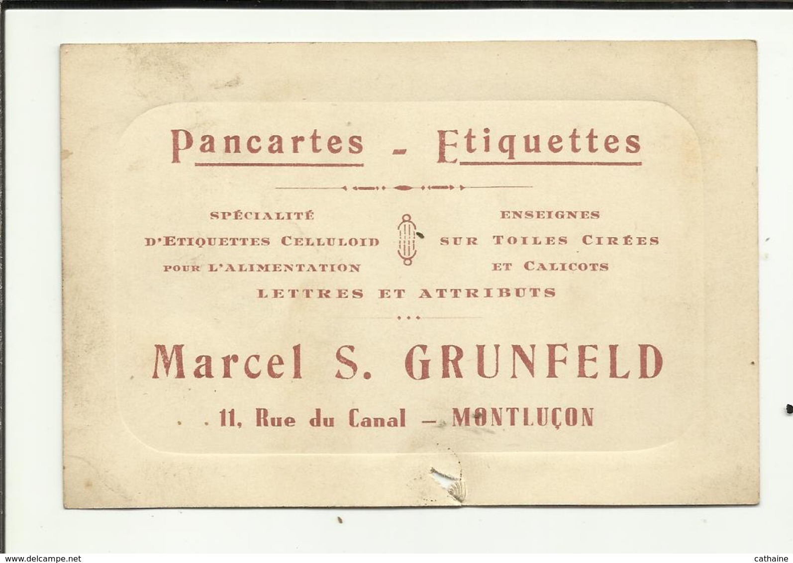 03 . MONTLUCON . CARTE DE VISITE DE " MARCEL S. GRUNFELD " . SPECIALISTE D ETIQUETTE ET ENSEIGNES . 11 RUE DU CANAL . - Cartes De Visite