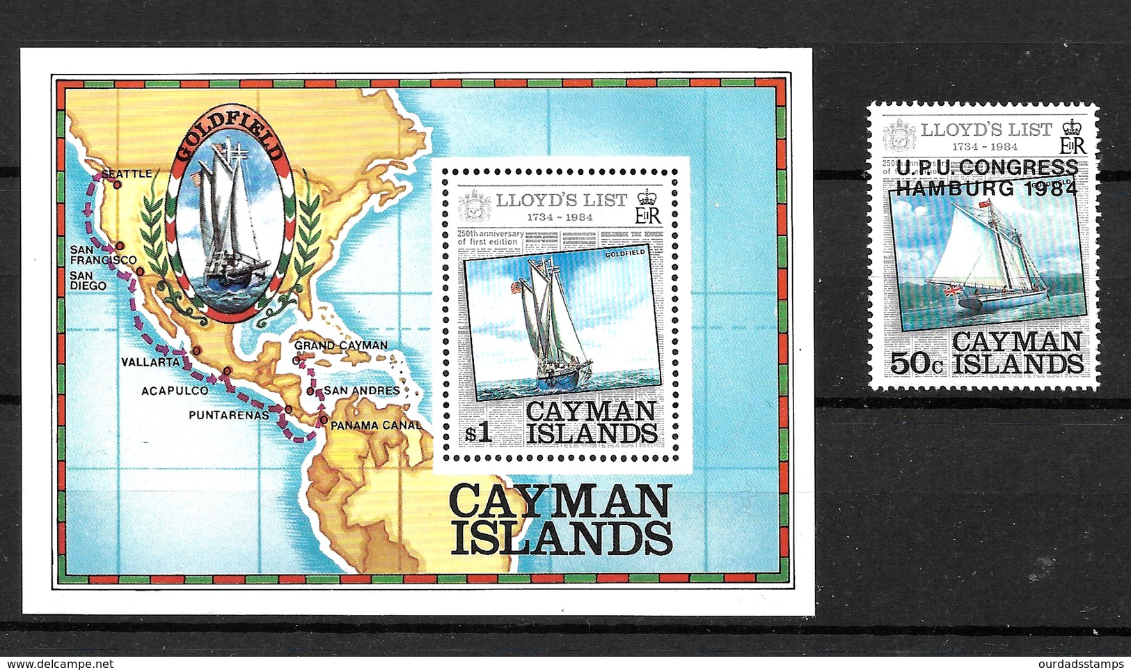 Cayman Islands 1984 Lloyds List Minisheet Plus 50c Schooner Opt UPU Congress - Cayman Islands