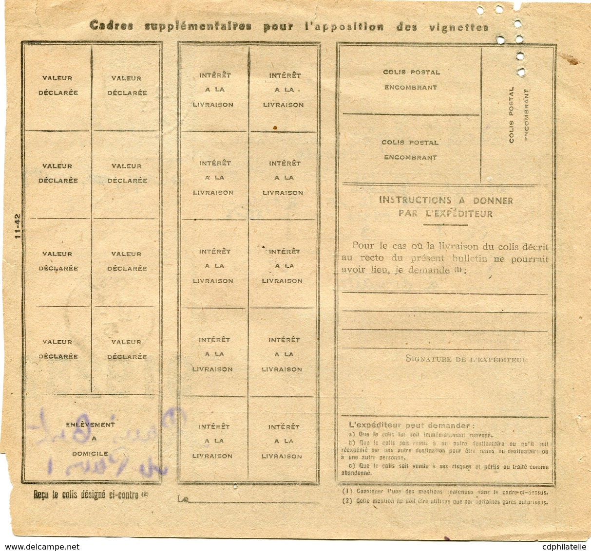 FRANCE BULLETIN D'EXPEDITION D'UN COLIS POSTAL AVEC OBLITERATION FOISSAC 22-9-43 AVEYRON - Cartas & Documentos