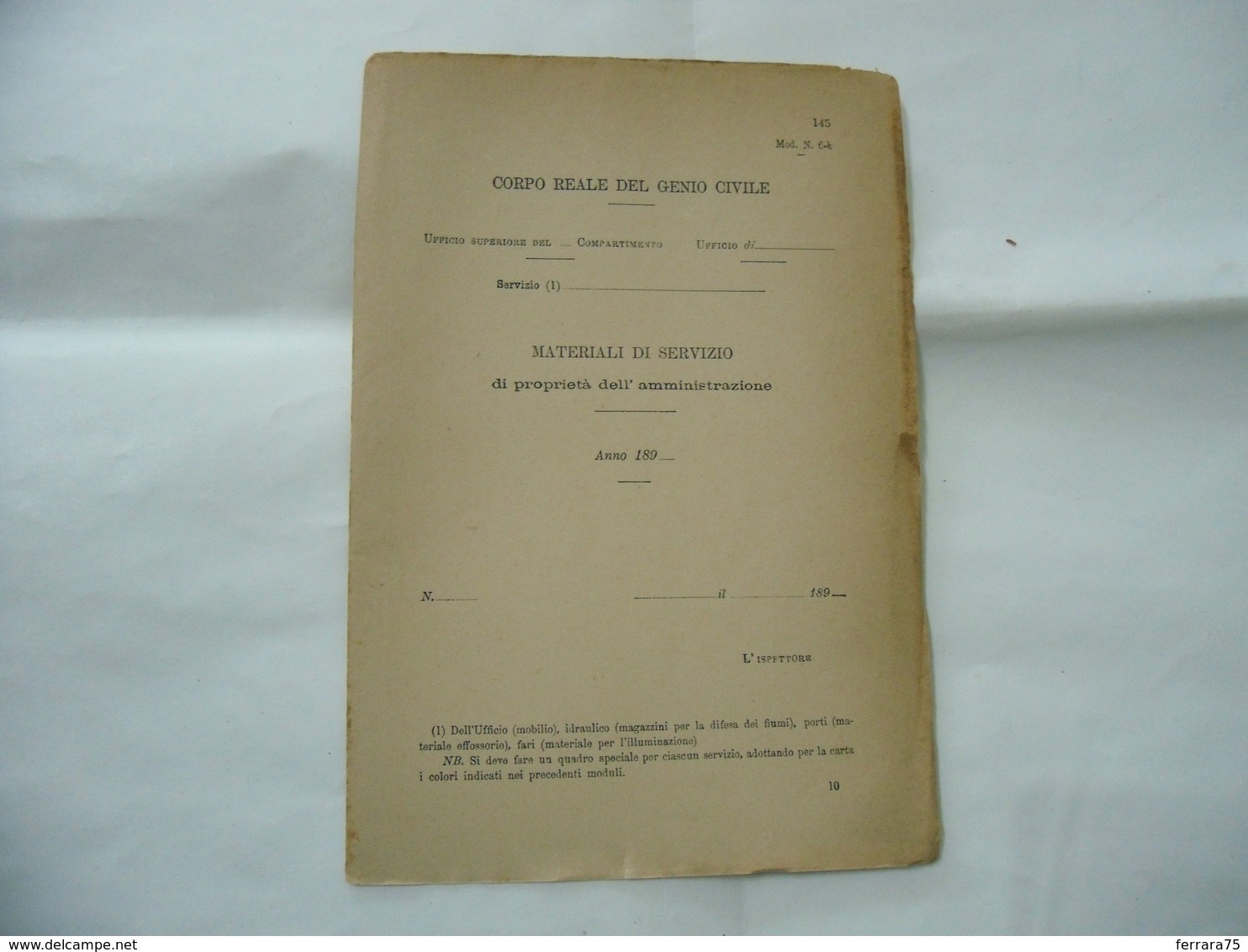 REGIO DECRETO CORPO REALE DEL GENIO CIVILE REGISTRO MATERIALI DI SERVIZIO. - Decreti & Leggi