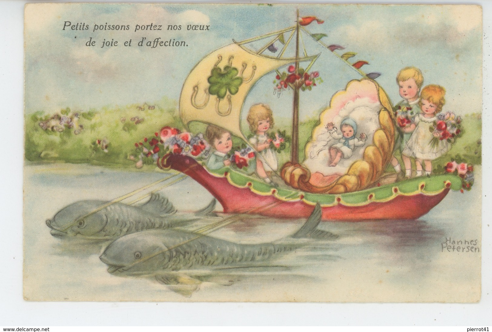 ENFANTS - Jolie Carte Fantaisie Enfants Dans Barque Tirée Par Poissons Signée HANNES PETERSEN - Petersen, Hannes