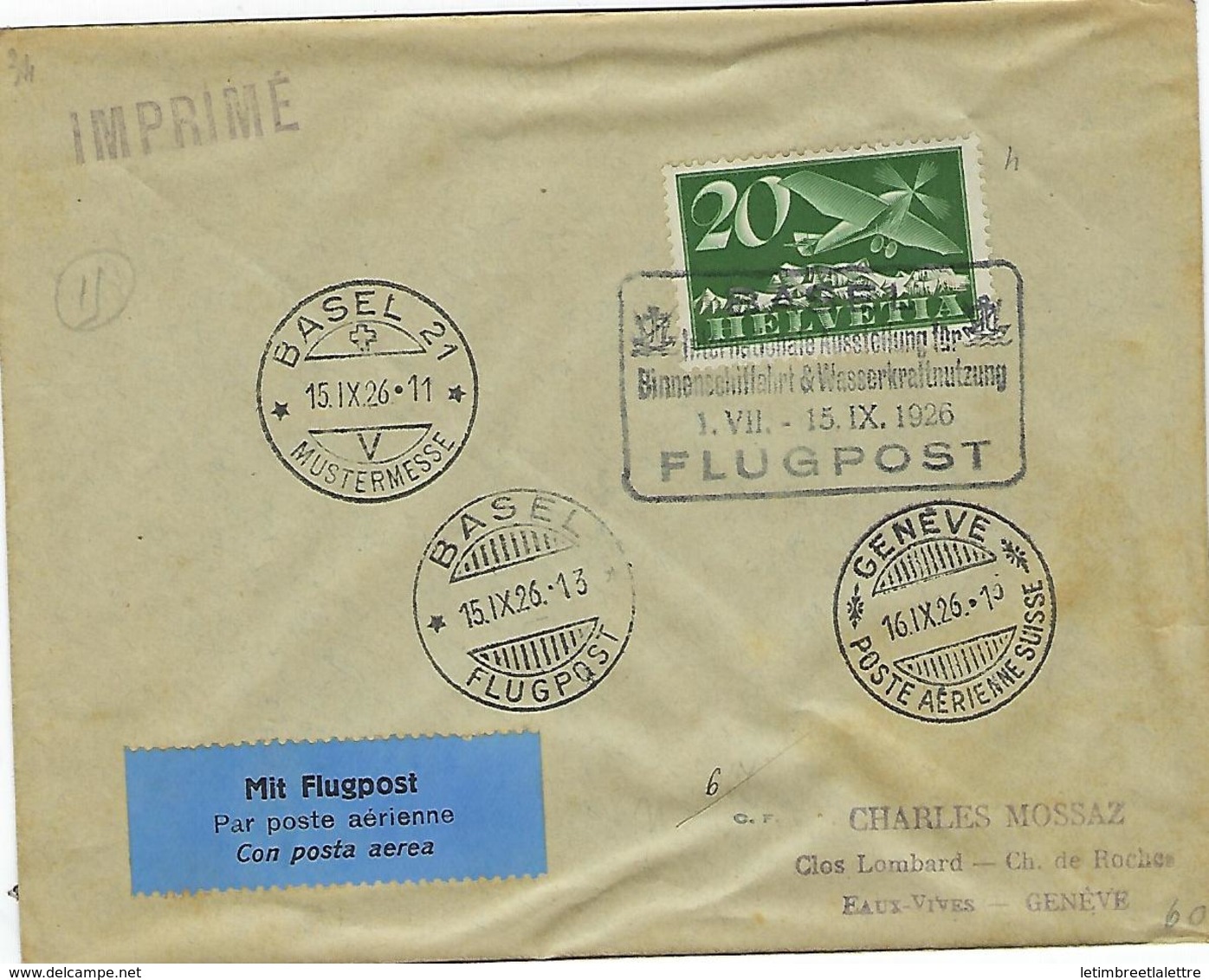 Carte De Suisse, Bâle - Genève, 15 / 9 / 1926, Imprimé, Via Flugpost - Marcophilie