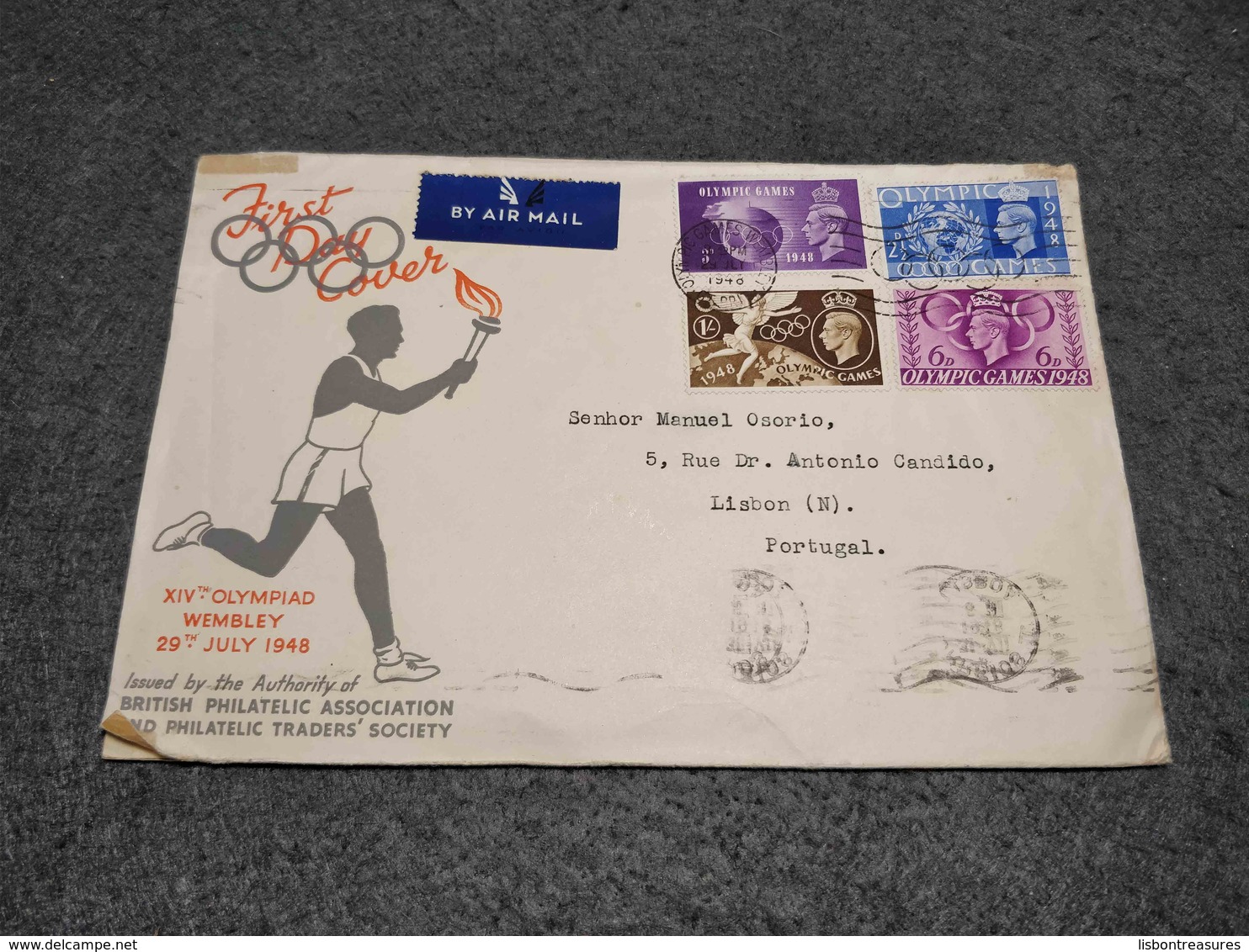 RARE ENGLAND FDC COVER XIV OLYMPIAD WEMBLEY 1948 CIRCULATED TO PORTUGAL - ....-1951 Pre Elizabeth II