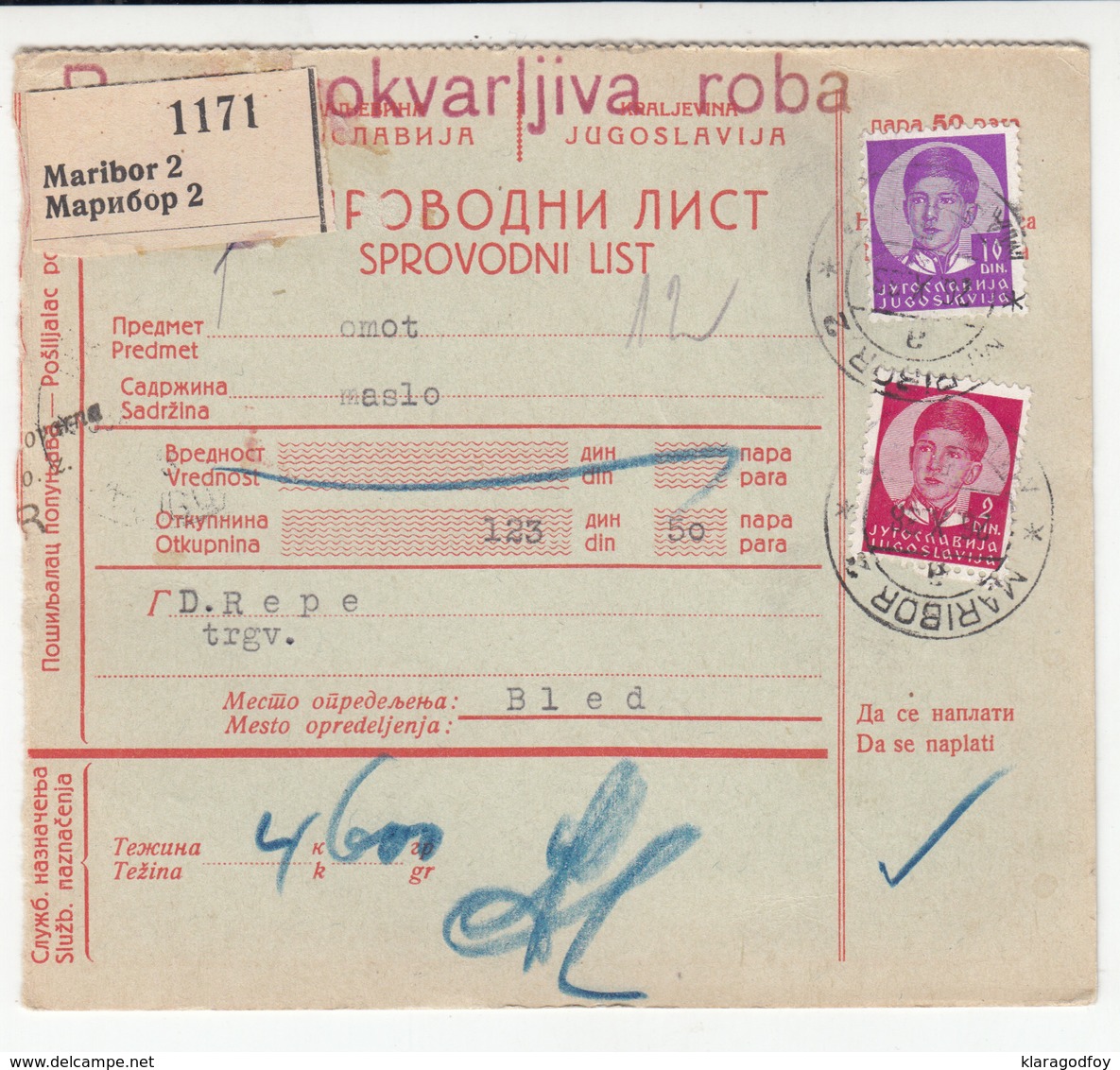 Yugoslavia Slovenia Parcel Card 1938 Maribor To Bled B180420 - Slovenia