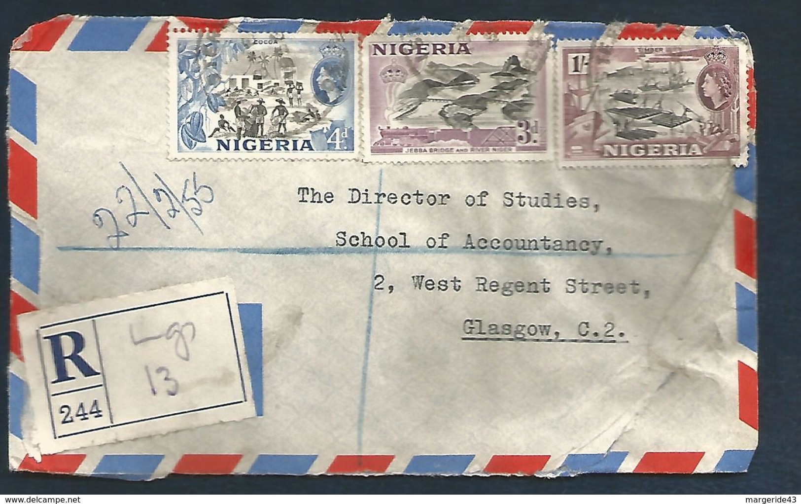 NIGERIA COLONIE ANGLAISE AFFRANCHISSEMENT COMPOSE LETTRE RECOMMANDEE DE LAGOS POUR L'ECOSSE 1956 - Nigeria (...-1960)