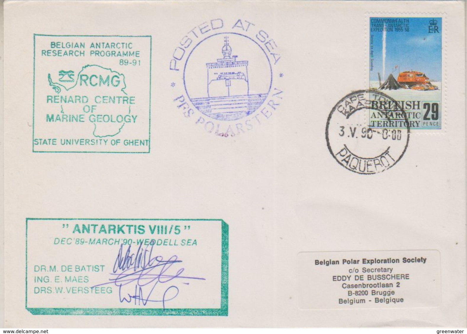 British Antarctic Territory 1990 Belgian Antarctic Research Programme 3 Sign. Cover (38397) - Brieven En Documenten