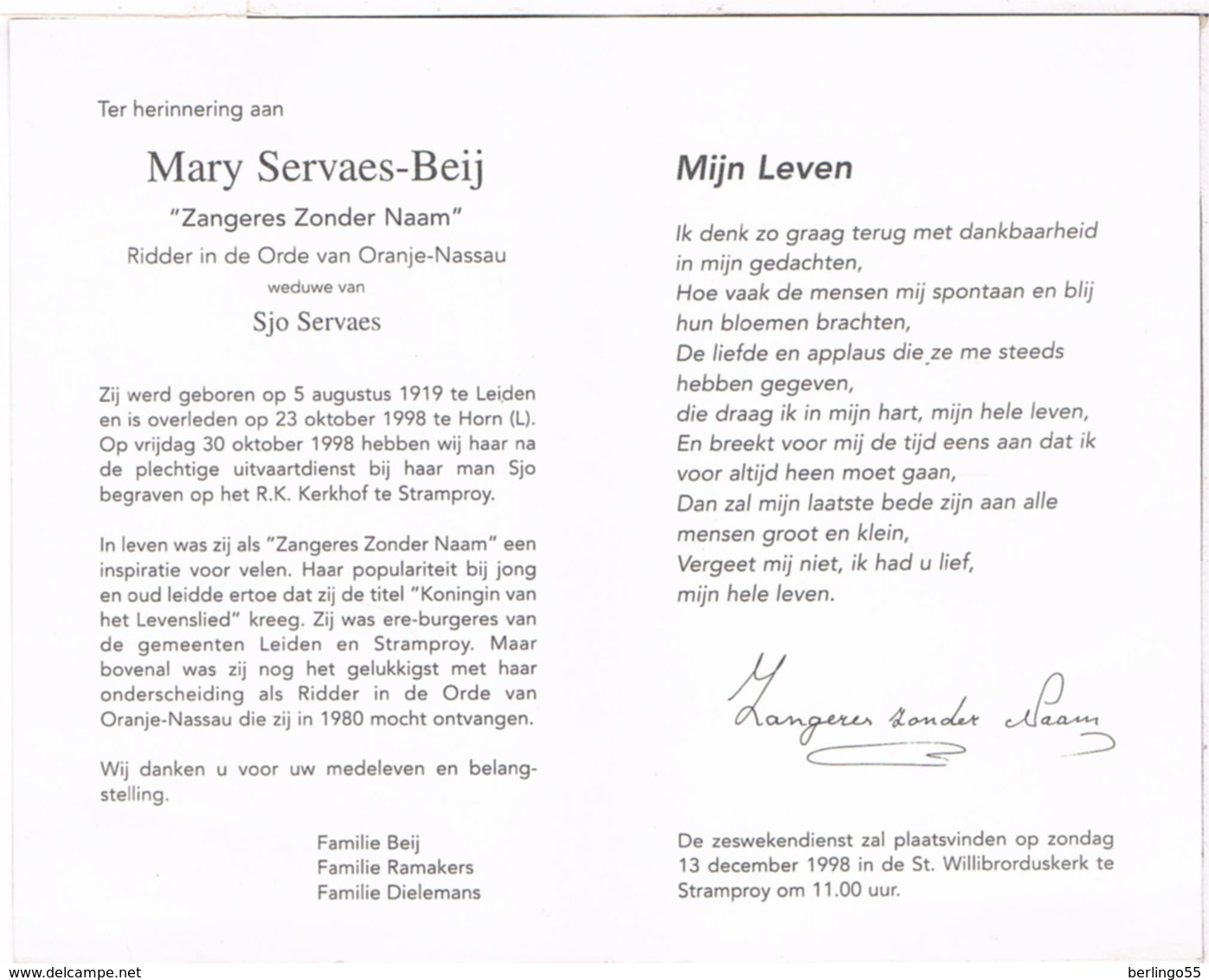 Dp. Mary Servaes-Beij " Zangeres Zonder Naam " Wed. Servaes Sjo.  (2 Scan's) - Religion & Esotericism