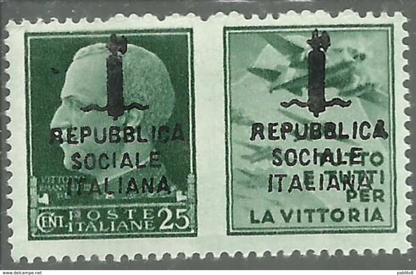 ITALIA REGNO ITALY KINGDOM REPUBBLICA SOCIALE RSI 1944 PROPAGANDA DI GUERRA FASCIO DOPPIO CENT. 25c III MNH FIRMATO - Kriegspropaganda