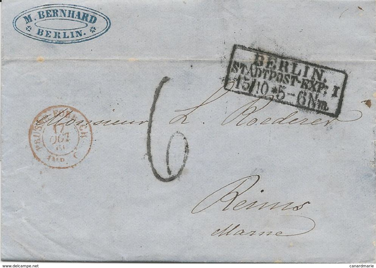 LETTRE 1860 AVEC CACHET D’ENTRÉE ROUGE PRUSSE FORBACH AMB. C - Entry Postmarks