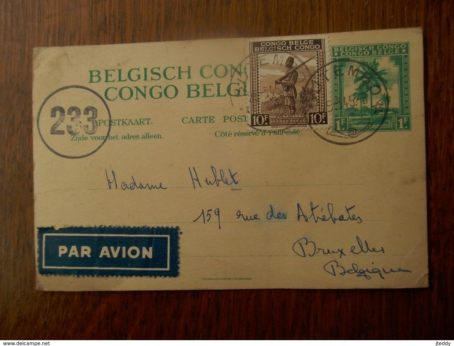 PAR  AVION                     Postkaart  Belgisch CONGO  Naar Brussel Belgie  1945 - Congo Belge