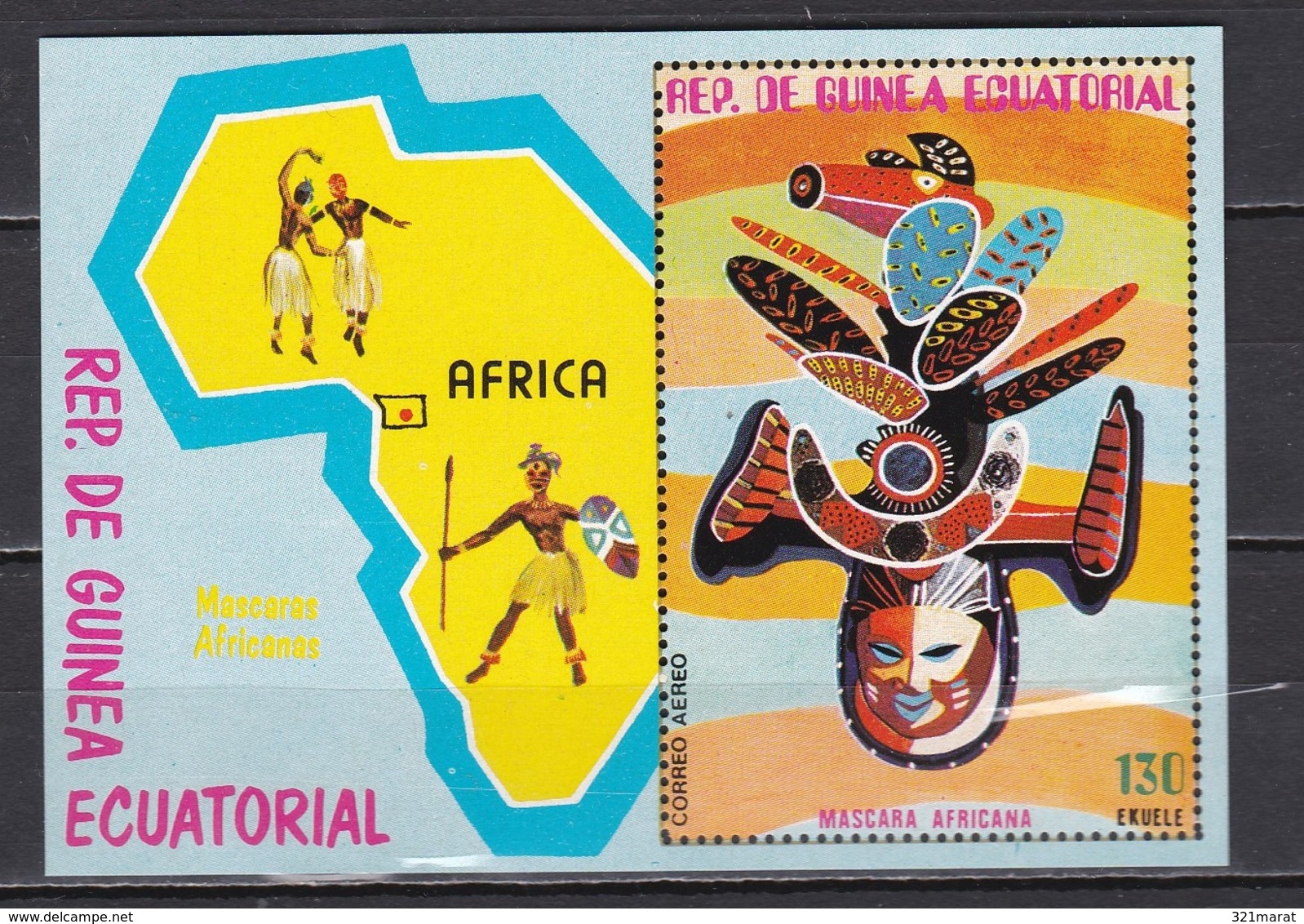 Equatorial Guinea, Ethnography, Masks, Map, Block, MNH** - Äquatorial-Guinea