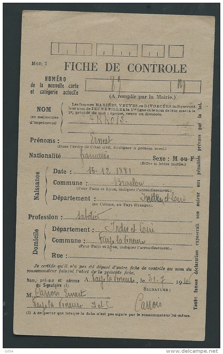 Carte De Ravitaillement Général , Cachet Mairie De Faye La Vineuse -  Pa 14215 - WW II