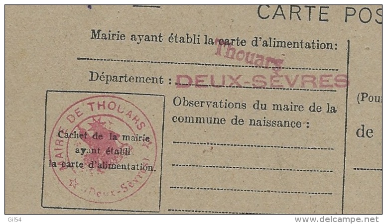 Carte De Ravitaillement Général , Cachet Mairie De Thouars  ( Dpt 79 )   Pa 14218 - Guerre De 1939-45