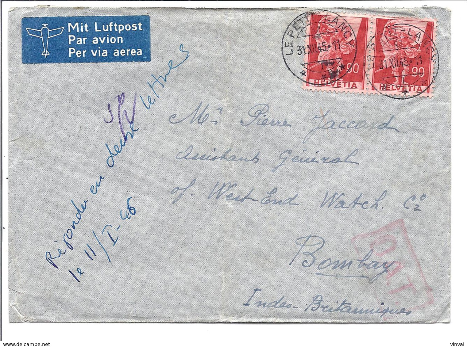 SUISSE SCHWEIZ Lettre De 1946 Envoyé De Petit-Lancy à Bombay (Inde) Avec O.A.T . Rouge De Londres - Poststempel