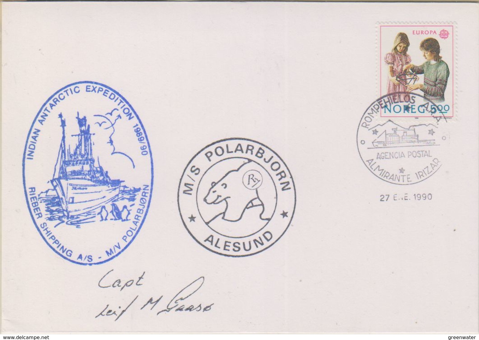 Norway Antarctica 1990 Ca Indian Ant. Expedition, M/S Polarbjorn, Si Captain, Ca Rompehielos, 27 Ene 1990 Cover (38408) - Poolshepen & Ijsbrekers