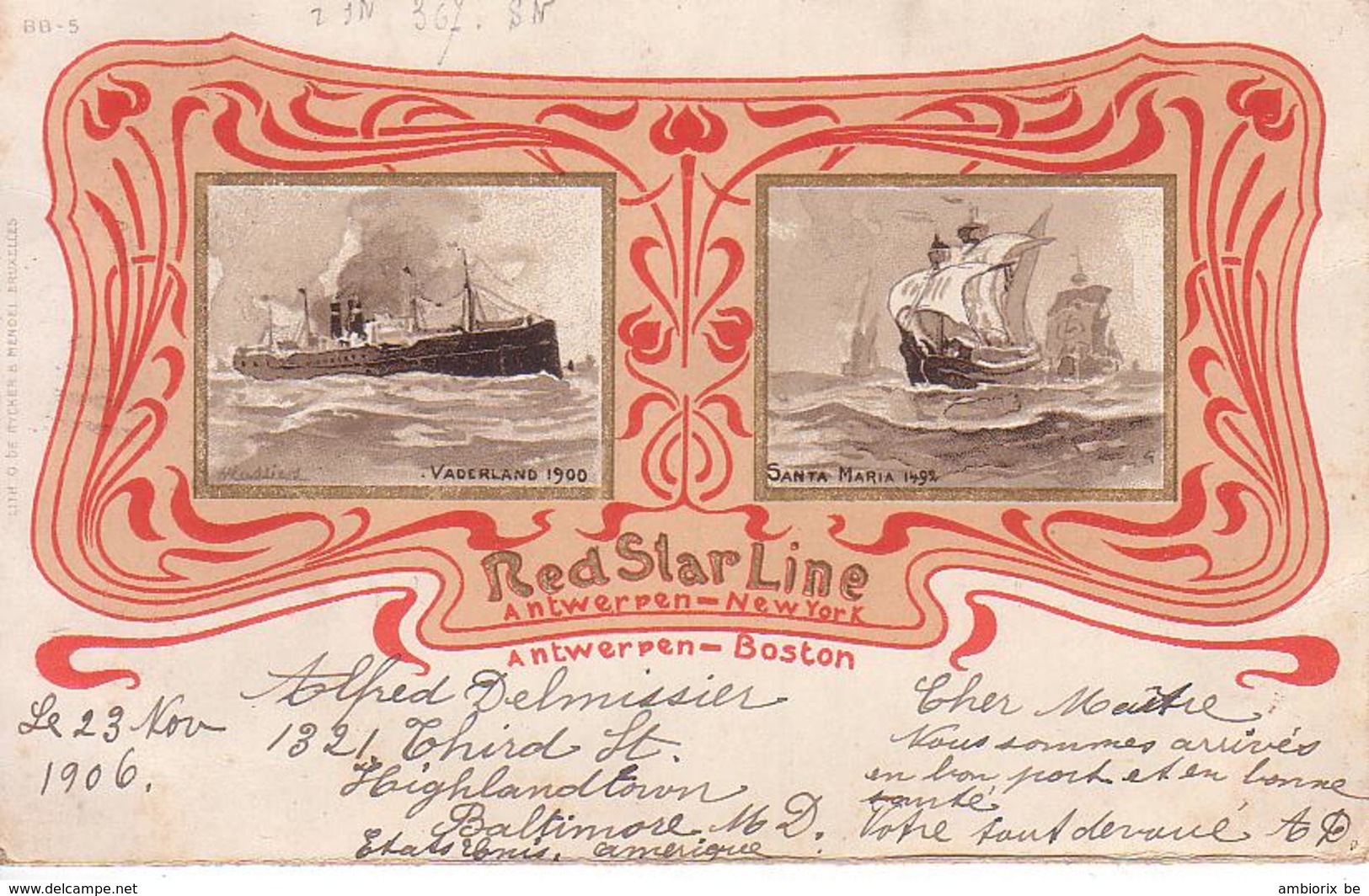 Antwerpen - New-York; Antwerpen - Boston ; Red Star Line - Steamer Vaderland - Antwerpen