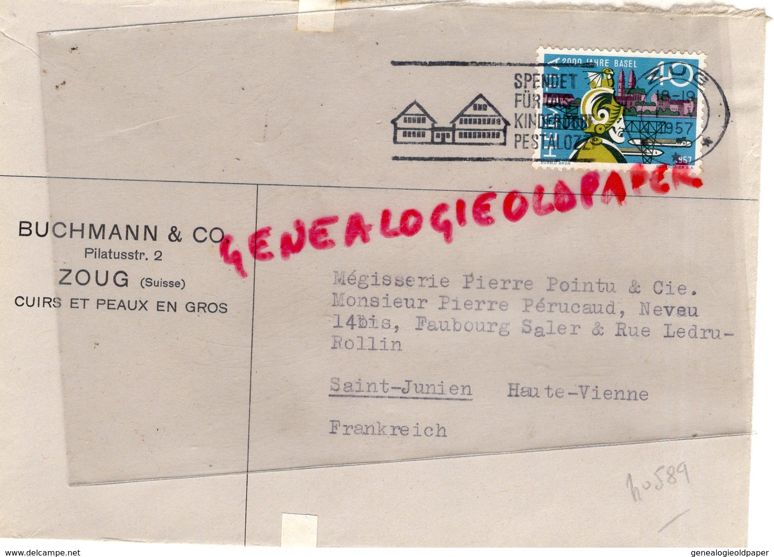 SUISSE -ZOUG-ENVELOPPE BUCHMANN & CO-PILATUSSTR. 2- CUIRS ET PEAUX-GANTERIE MEGISSERIE PIERRE POINTU SAINT JUNIEN-1957 - Suisse