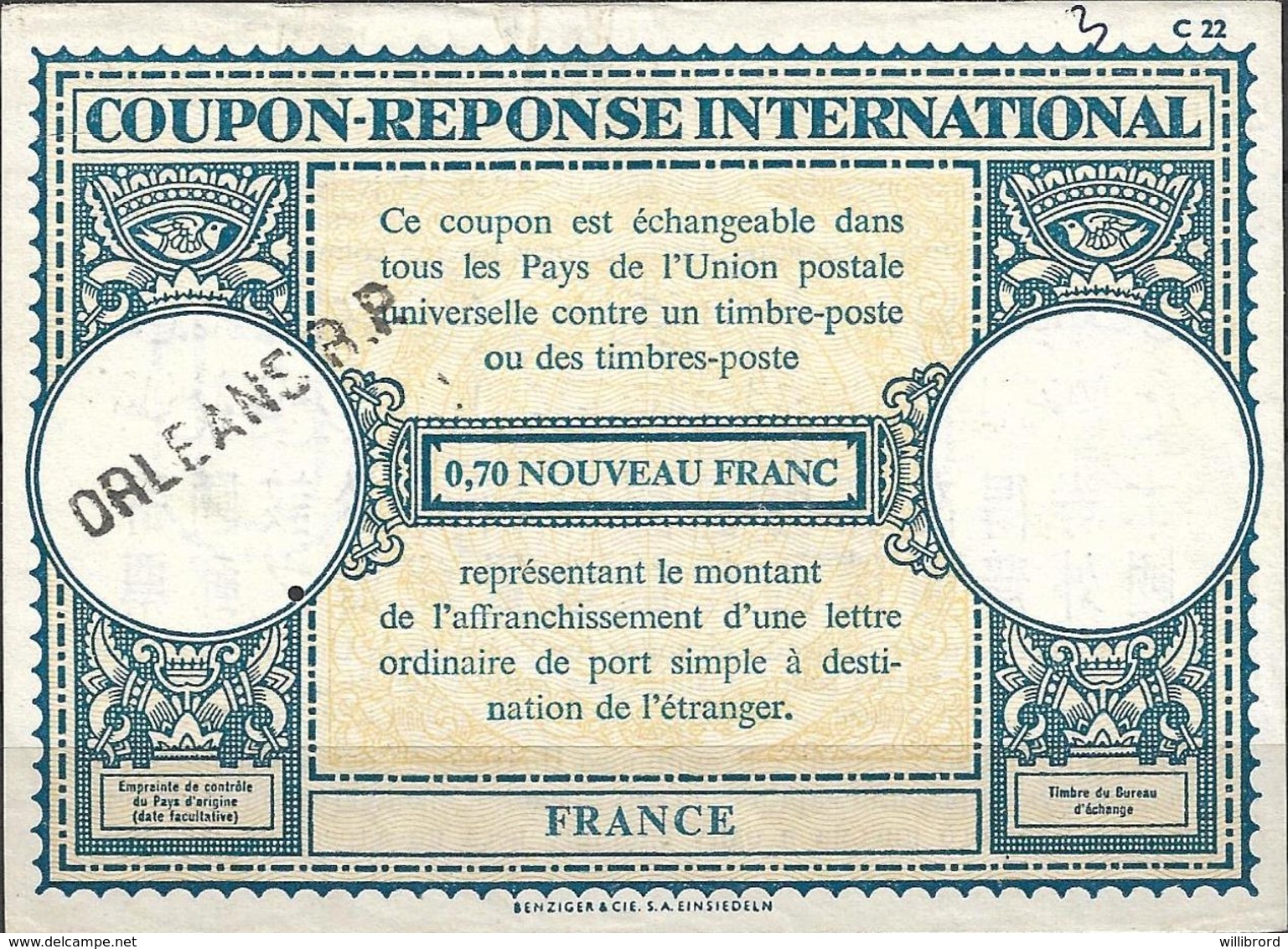 FRANCE - 0,70F IRC  - Used At Orleans - International Reply Coupon Coupon-Reponse International - Antwoordbons