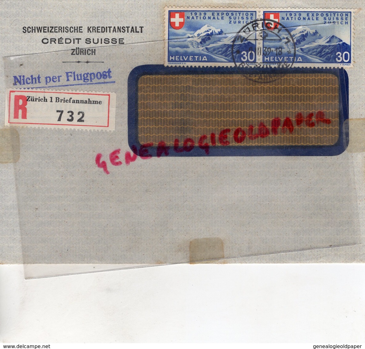 SUISSE - ZURICH- RARE ENVELOPPE SCHWEIZERISCHE KREDITANSTALT- CREDIT SUISSE -1939- NICHT PER FLUGPOST-SAINT JUNIEN 87 - Zwitserland