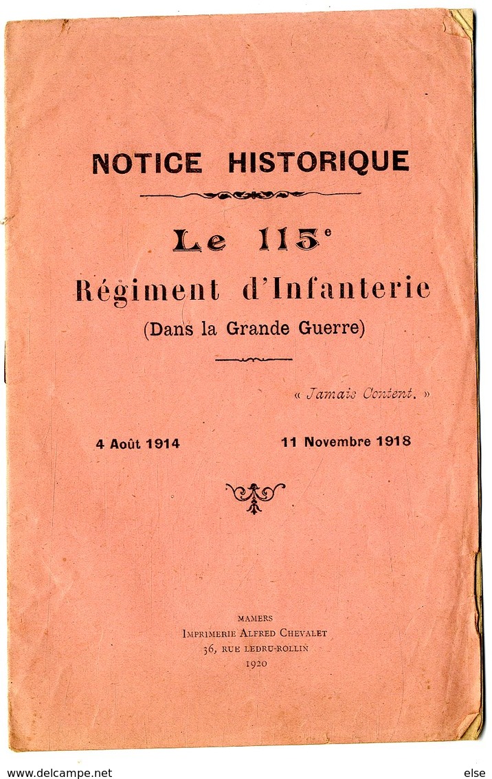 NOTICE HISTORIQUE LE 113 éme REGIMENT D INFANTERIE   1914 18   -  FASCICULE 8 PAGES - Oorlog 1914-18