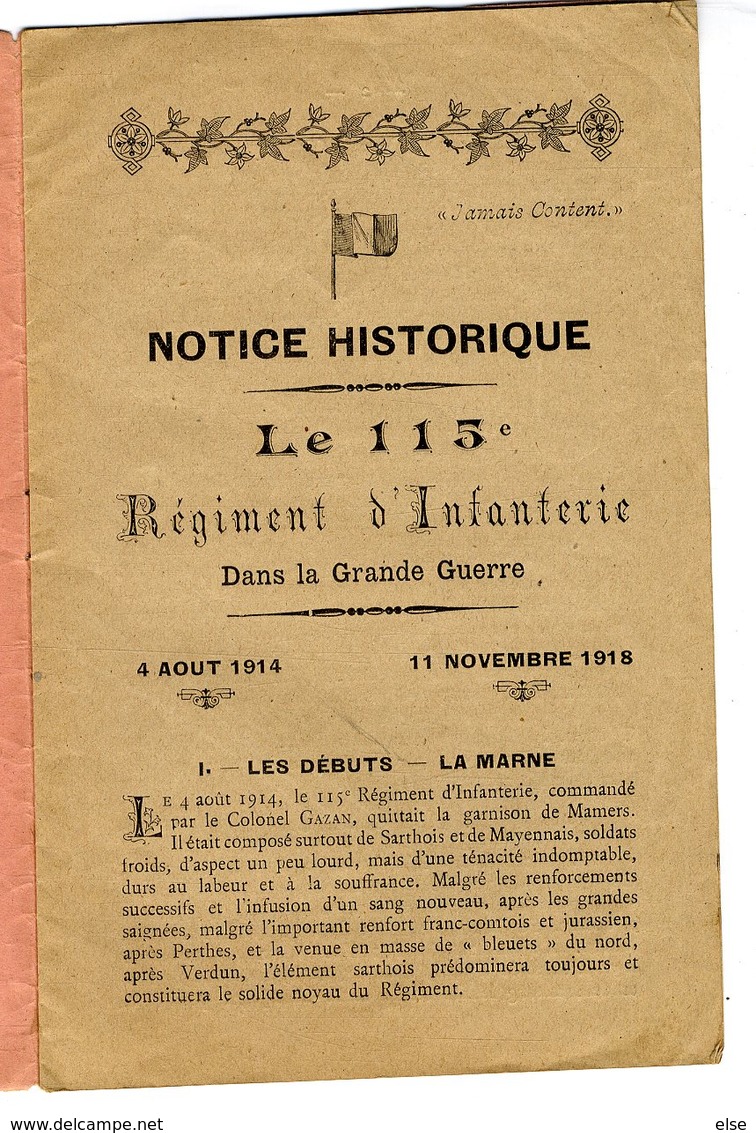 NOTICE HISTORIQUE LE 113 éme REGIMENT D INFANTERIE   1914 18   -  FASCICULE 8 PAGES - Oorlog 1914-18