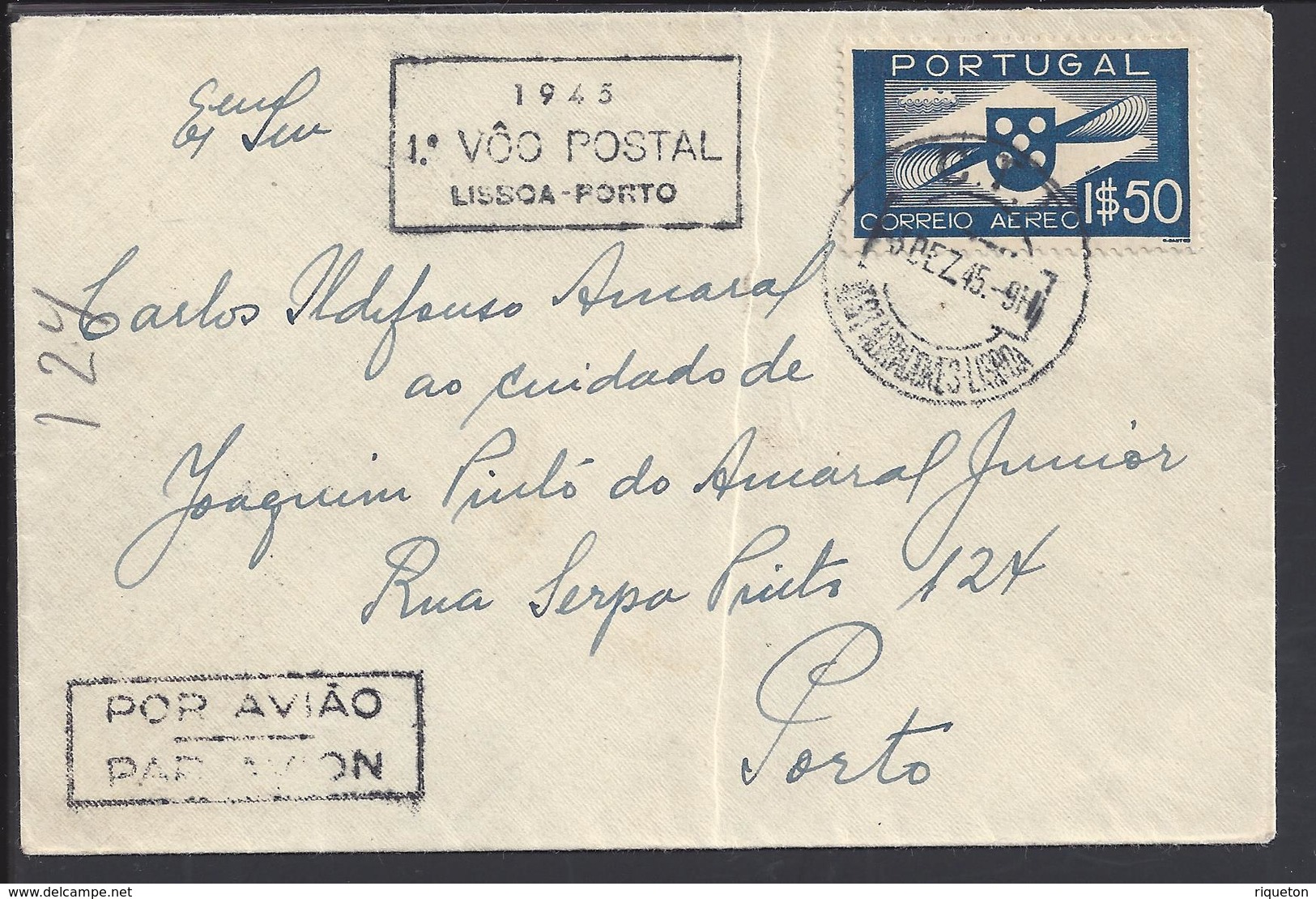 PORTUGAL - 1945 - Enveloppe 1er Vol Postal "Lissoa-Porto" Timbre Aérien Sur Enveloppe Vers Porto - B/TB - - Lettres & Documents