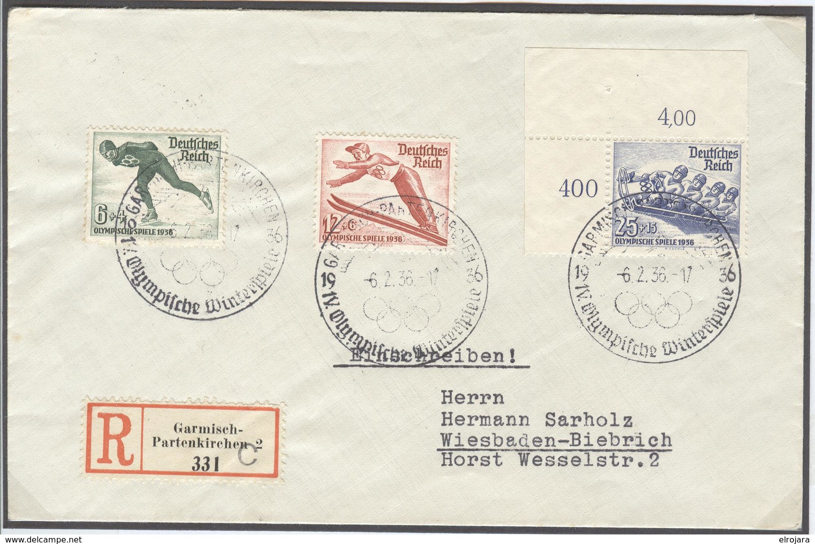 GERMANY Registered Letter With The Complete Set With R Label With C And Olympic Cancel Of The Opening Day 6.2.36 17 - Invierno 1936: Garmisch-Partenkirchen