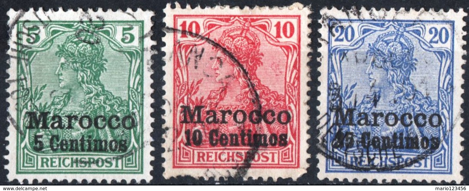 MAROCCO, OFFICES IN MOROCCO, OCCUPAZIONE TEDESCA, GERMAN OCCUPATION, 1905, FRANCOBOLLI USATI Scott 21-23 - Morocco (offices)