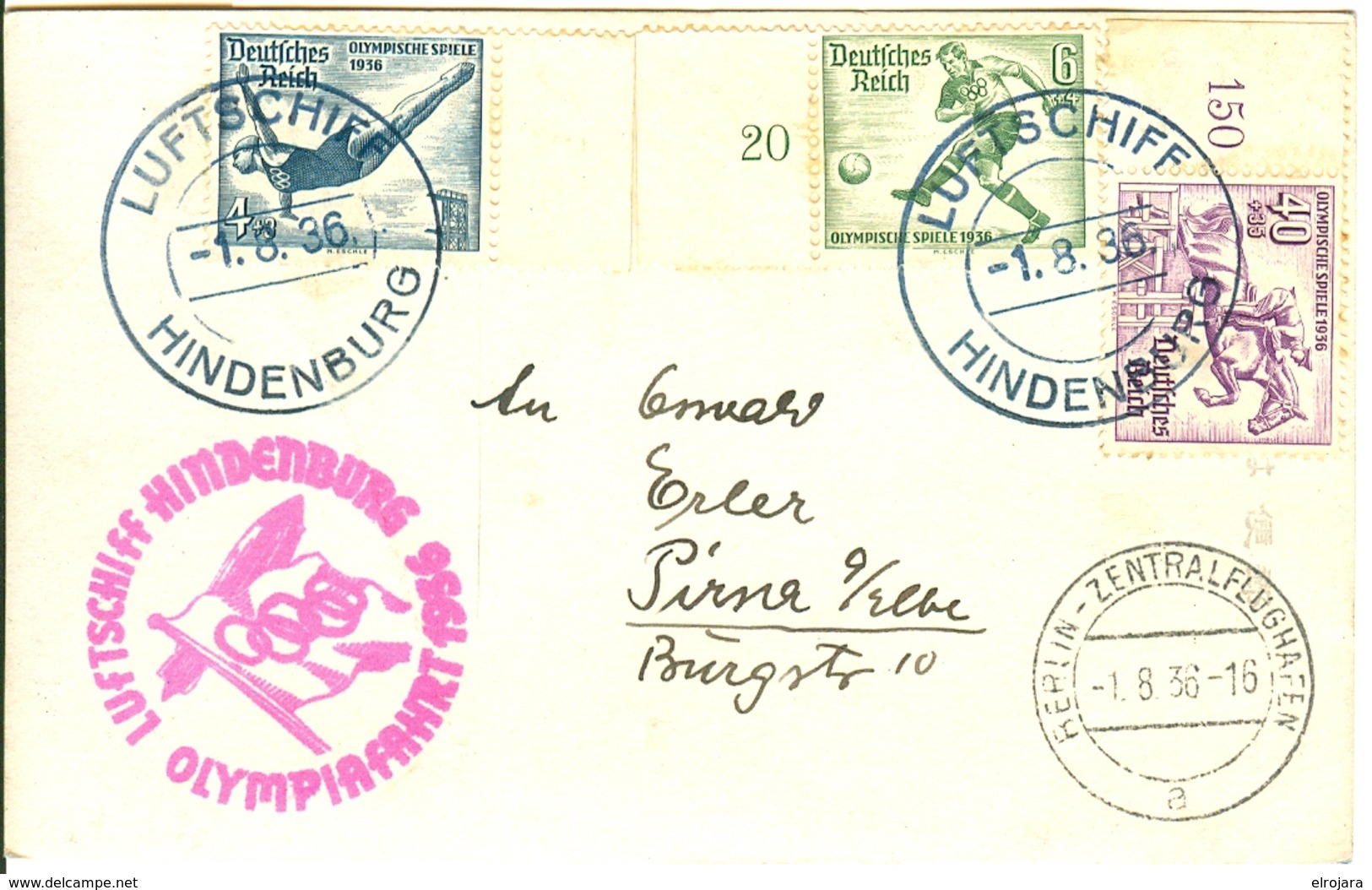 Germany Olympic Flight On Postcard With On Board Cancel Luftschiff Hindenburg In Blue With Olympic Stamps - Estate 1936: Berlino