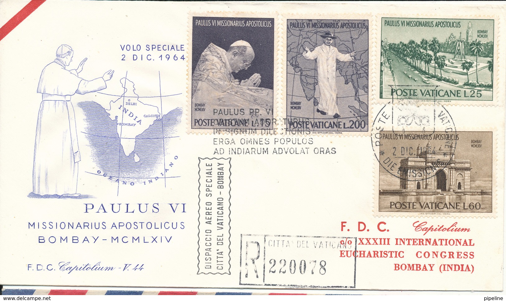 Vatican Registered FDC 2-12-1964 Complete Set Eucharistic Congress Bombay India Wth Cachet - FDC