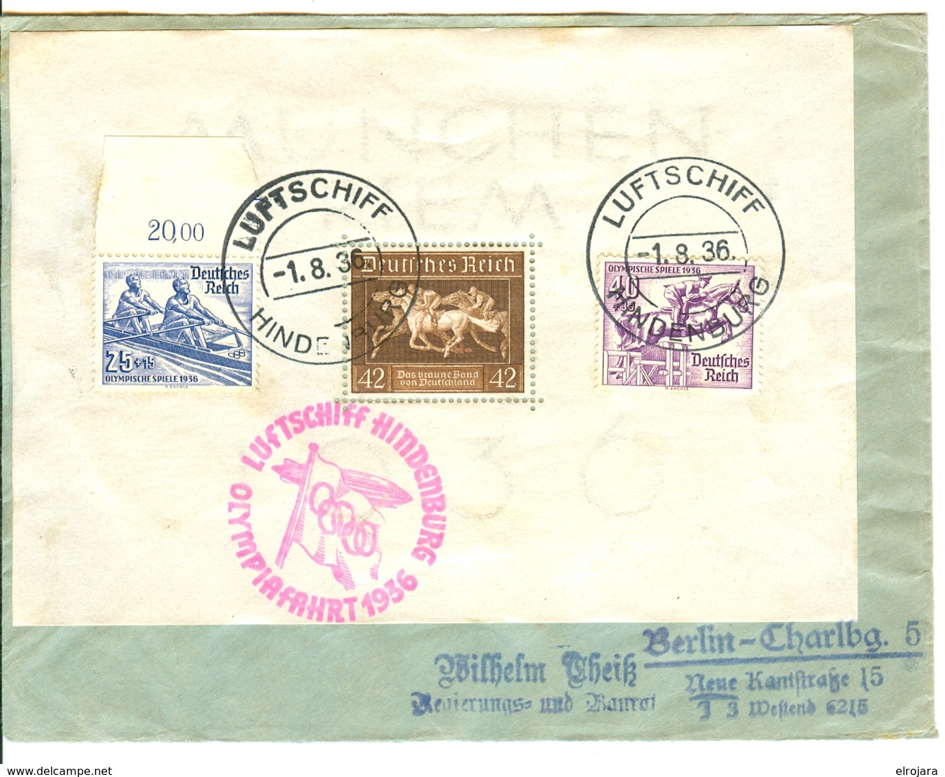 Germany Olympic Flight On Cover With On Board Cancel Luftschiff Hindenburg In Black With Olympic Stamps - Ete 1936: Berlin