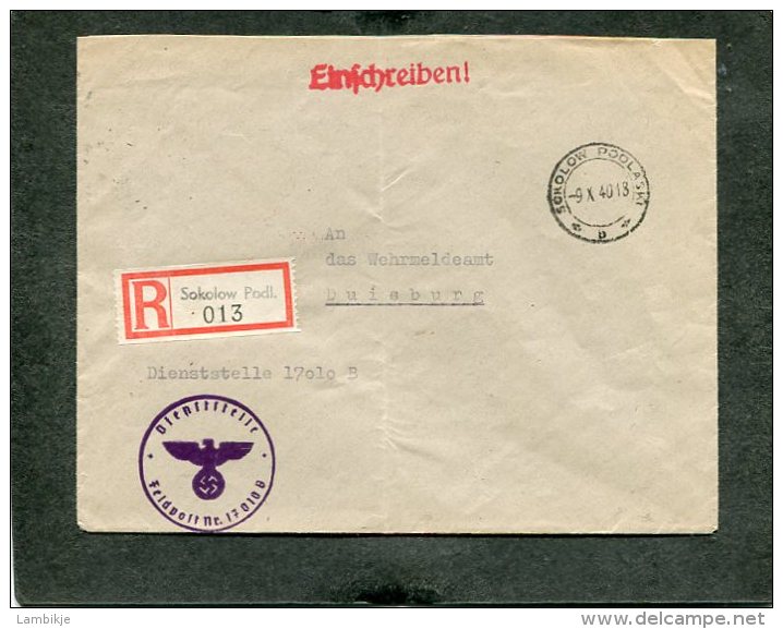 Deutsches Reich Feldpost R Brief 1940 Sokolow - Sonstige & Ohne Zuordnung