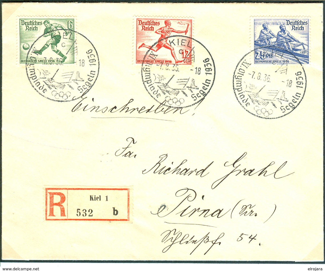 GERMANY Registered Cover Kiel1 B With Olympic Stamps And Olympic Cancel Kiel C Of 7.8.36-18 - Ete 1936: Berlin