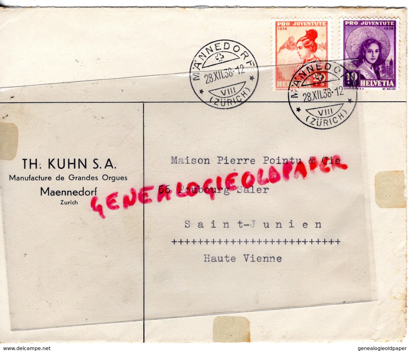 SUISSE - MAENNEDORF- ZURICH-  RARE ENVELOPPE TH. KUHN S.A.MANUFACTURES GRANDES ORGUES-PIERRE POINTU SAINT JUNIEN 87-1938 - Switzerland