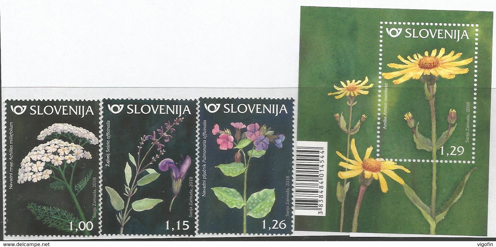 SI 2018-08 FLOWERS, SLOVENIA, 1 X 3v + S/S, MNH - Slowenien