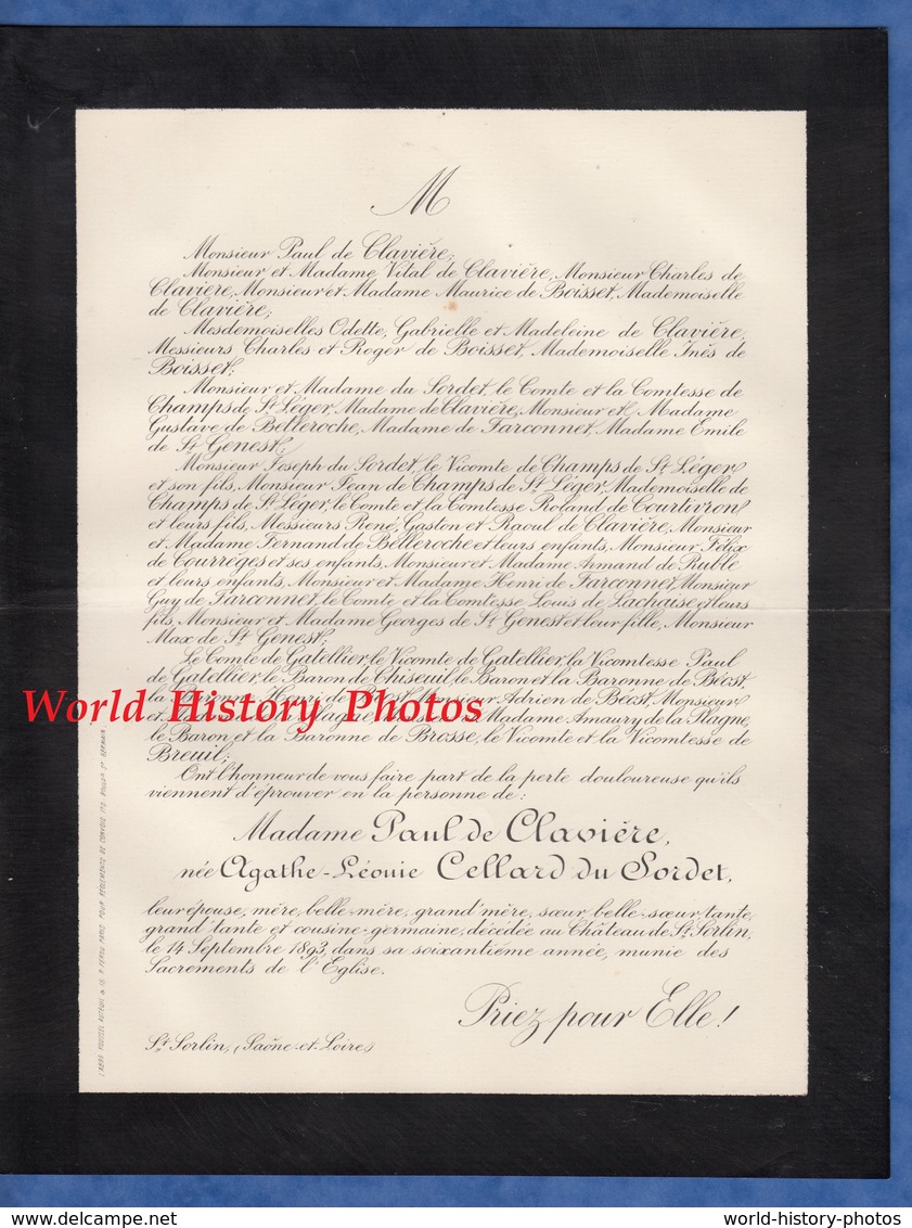 Document Ancien De 1893 - Château De SAINT SORLIN ( Saone Et Loire ) Mme De CLAVIERE Née Agathe Léonie CELLARD Du SORDET - Historical Documents