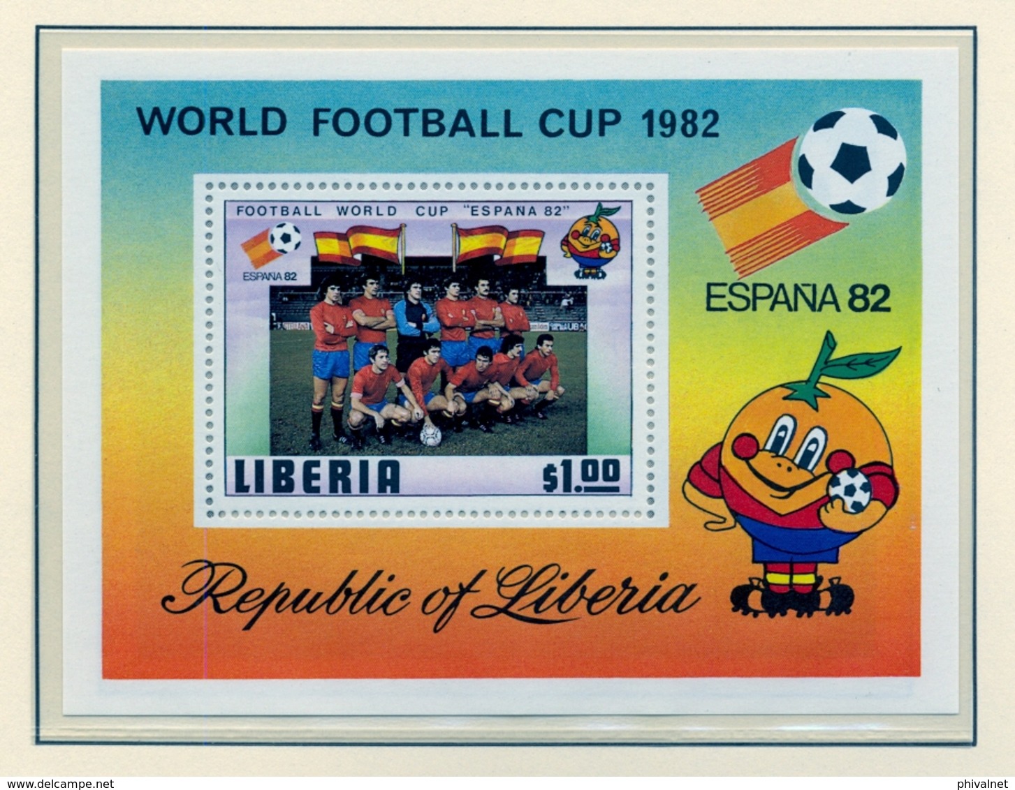 CAMPEONATO DEL MUNDO DE FÚTBOL , ESPAÑA 82 , HOJA BLOQUE ** , EXCELENTE CALIDAD , LIBERIA - 1982 – Espagne