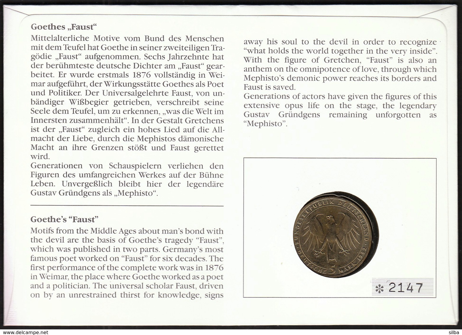 Germany Bad Nenndorf 1992 / Johann Wolfgang Von Goethe / Faust / Numisbrief 5 DM / Coin Letter - Covers & Documents