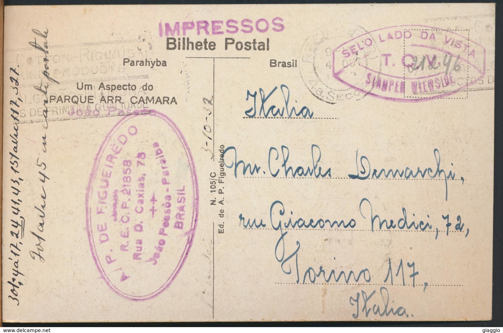 °°° 10947 - BRASIL - JOAO PESSOA - PARQUE ARR. CAMARA - 1932 With Stamps °°° - João Pessoa