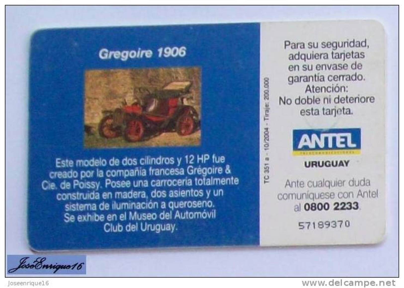 TC 351a Classic Cars, AUTOS CLASICOS. GREGOIRE 1906. ANTEL, URUGUAY. - Uruguay