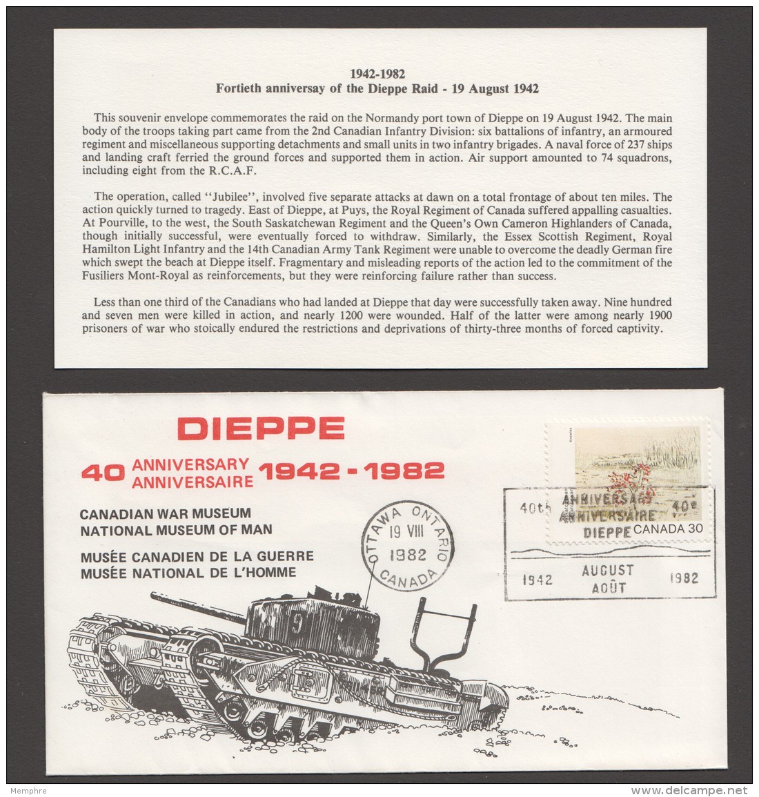 MILITARY - 1982 40th Ann Of Dieppe Raid   Special Cancel  With Insert - Gedenkausgaben
