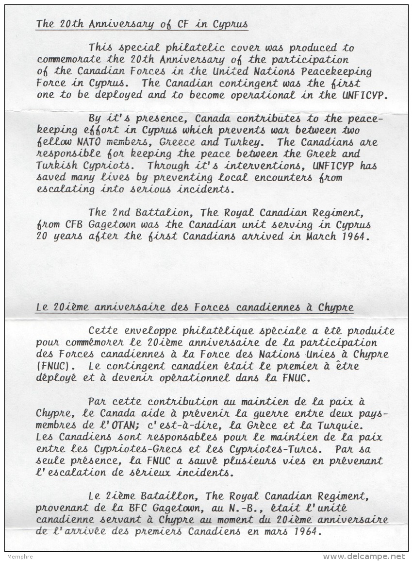 MILITARY -  Canadian Contingent In UN Force In Cyprus - 20th Ann Special Cancel CFPO 5001 - With Insert - Enveloppes Commémoratives