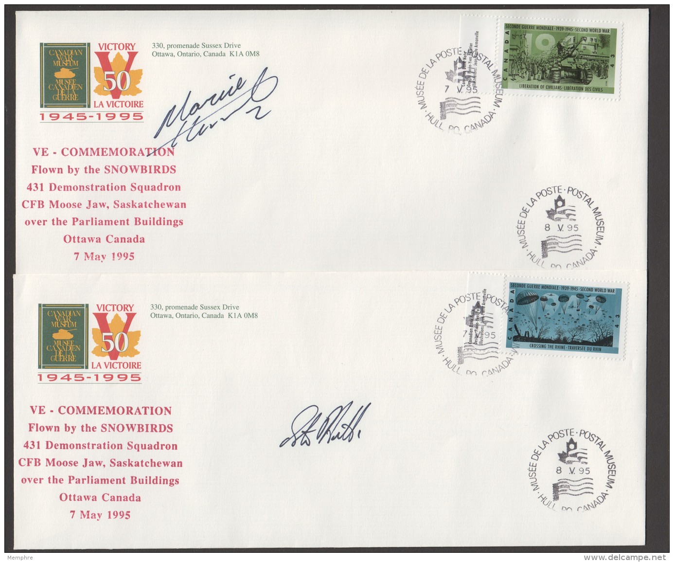 MILITARY -  Set Of 9 Covers Signed By Pilots Of The Snowbirds Aerial Acrobatics Squadrons  - 50th Ann Of WWII Victory - Gedenkausgaben