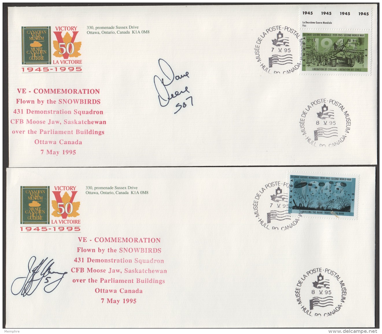 MILITARY -  Set Of 9 Covers Signed By Pilots Of The Snowbirds Aerial Acrobatics Squadrons  - 50th Ann Of WWII Victory - Commemorativi