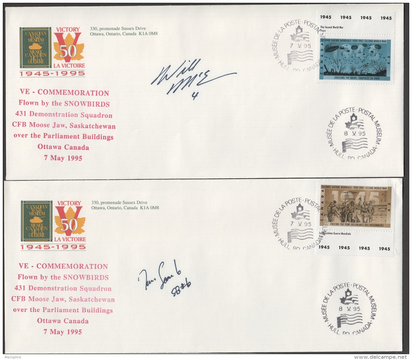 MILITARY -  Set Of 9 Covers Signed By Pilots Of The Snowbirds Aerial Acrobatics Squadrons  - 50th Ann Of WWII Victory - HerdenkingsOmslagen